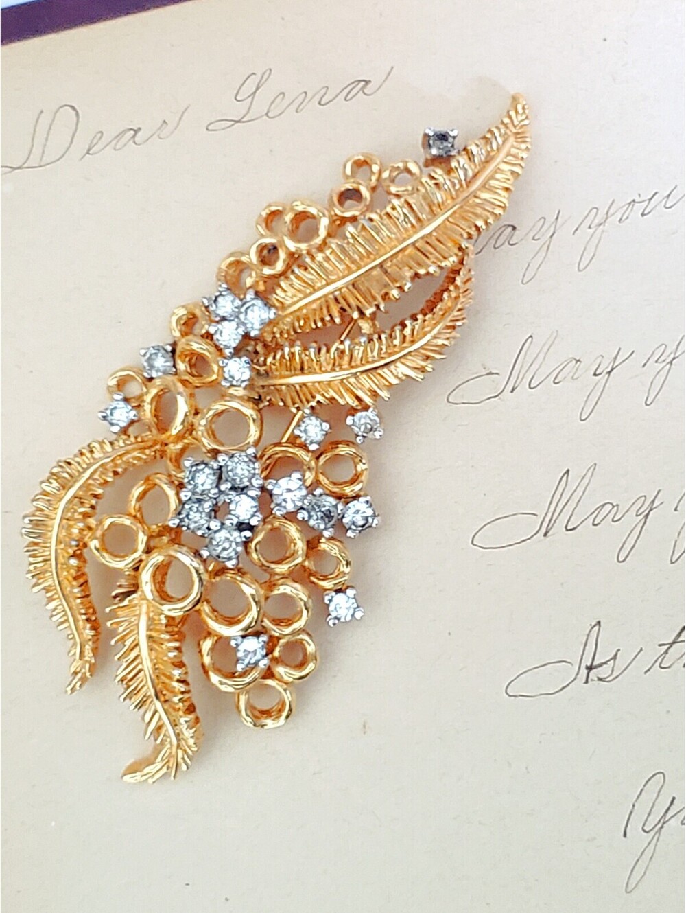 Vintage Panetta Designer Rhinestone Leaf Brooch